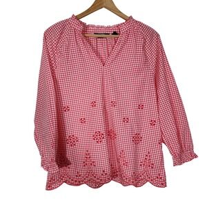 Lands' End Pink Gingham Embroidered Blouse Country Cottage 100% Cotton Top S